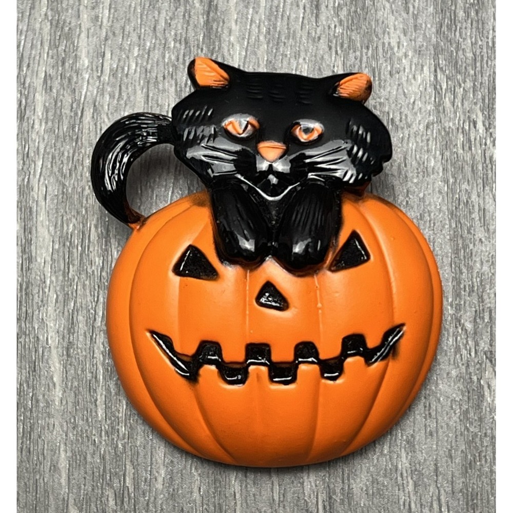 Vintage AJC Black Cat Pumpkin Halloween Brooch Pin Collectible‎ Jack-O'-Lantern